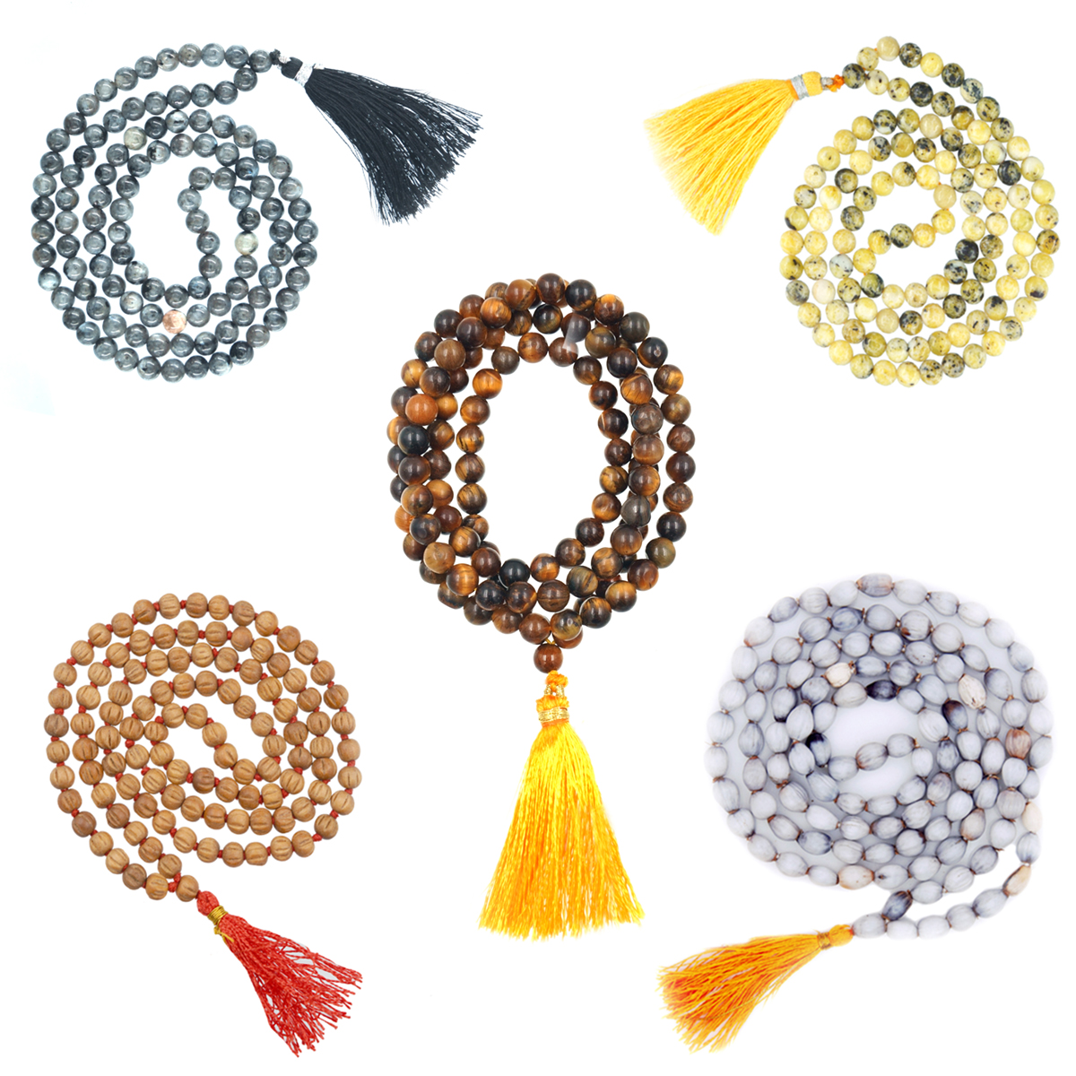 Babaji Malas - Various sects amongst Hindus use different types of Mala.  The beads used could be Pearls, Tulsi wood, Sandalwood, Rudraksha, Lotus  seed etc. A mala generally consists of 108 beads